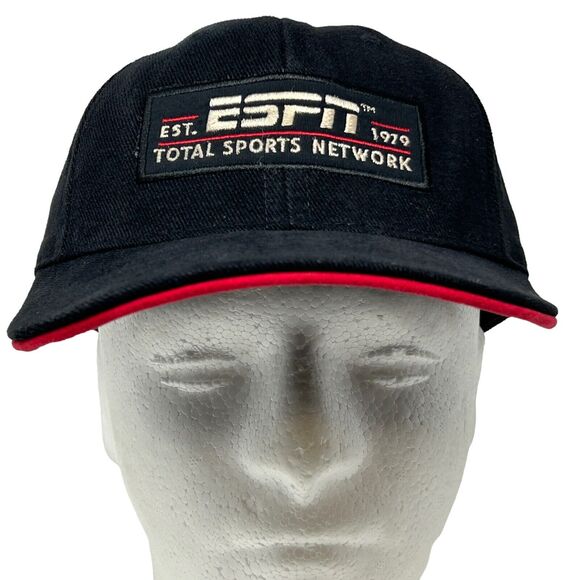 Vintage ESPN Baseball Cap Hat 90s Total Sports Network USA Made Strapback Black - Picture 2 of 10